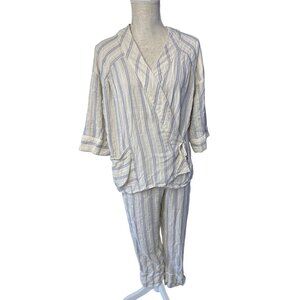 Anthropologie Striped Wrap Lounge Set Top & Bottom M Cotton Blend Relaxed Fit Bl